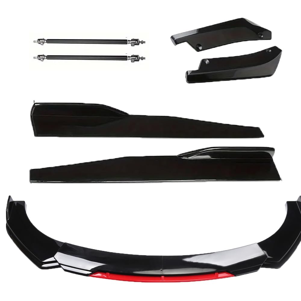 Black &Red 69"-73" Adjustable Universal Car Front Bumper Lip Spoiler Diffuser Body Kits + 29" Side Skirt Extension Rocker Panel Body Kit + 14" Rear Bumper Lip