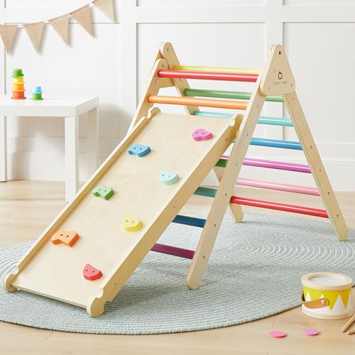 Tiny Land 2 in 1 Kletterdreieck - Regenbogenfarben, Dreieck Klettergerüst, Montessori-Kletterspielzeug für Kleinkinder, Hölzernes Indoor-Kletterset für 2-10 Jahre