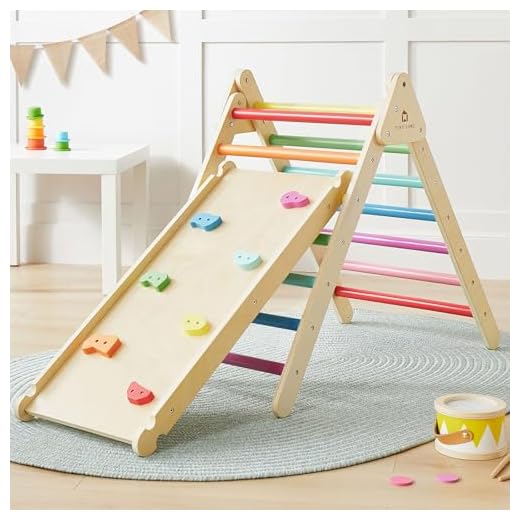 Tiny Land 2 in 1 Kletterdreieck - Regenbogenfarben, Dreieck Klettergerüst, Montessori-Kletterspielzeug für Kleinkinder, Hölzernes Indoor-Kletterset für 2-10 Jahre