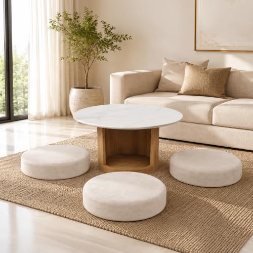 Image of The Attic Baithak Coffee Table, Coffee Table for Living Room, Marble Top, with 3 Integrated Seats, Natural Color