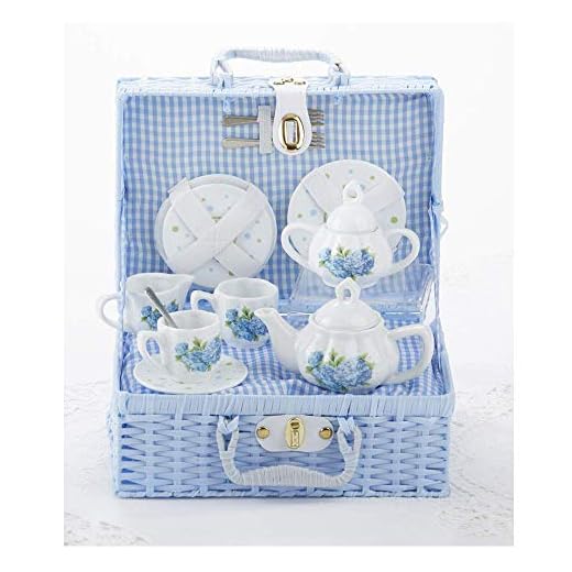 Delton Child's Porcelain Tea Set for 2 in Wicker Basket Hydrangea NEW