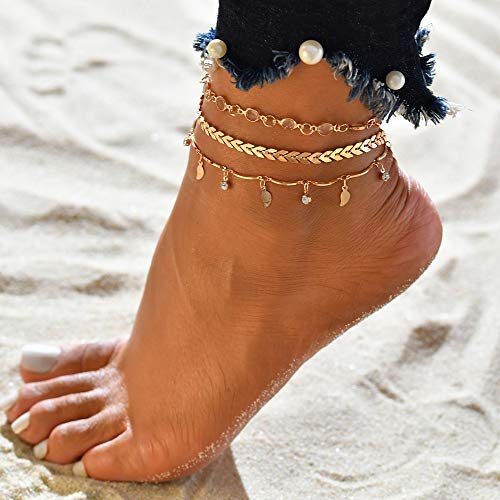 Shegirl Three-Layer Anklet Brackets Crystal Fishbone Ankle Chain Gold Leaf Accessories Fashion Rhinestone Foot Jewelry for Women and Girls
