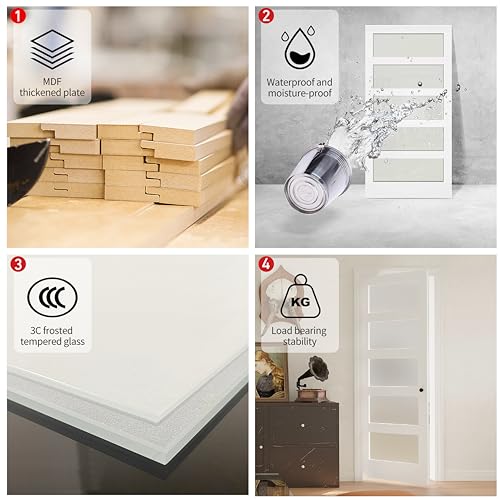 Image of 28 inch x 80 inch Interior Door, 5-Lite Frosted Glass Pantry Door with Black Door Lever, Single Slab Door Panel for Closet & Bedroom, Classic Style as Prehung, Pocket, Bifold, Barn Doors