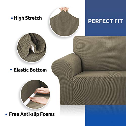 KEKUOU Stretch Sofa Cover Slipcover ,Couch Covers for 3 Cushion Couch Sofa pet Friendly (78"-94") Furniture Protector Sofa with Elastic Bottom for Kids,Dog, Jacquard Small Checked(Large,Khaki)