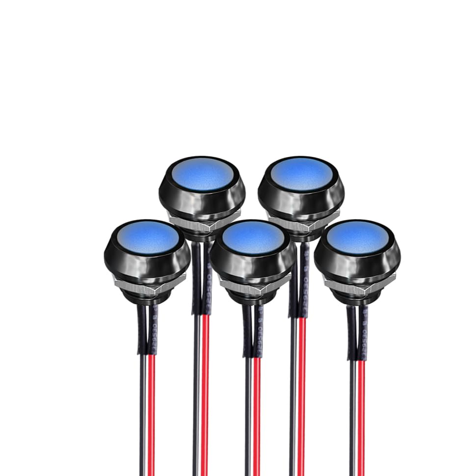 12mm/0.5in Momentary Aluminum Push Button Switch Mini Round Switch Waterproof Self-Resetting 3A 12Vwith Pre-soldered Wire 5PCS (Red)