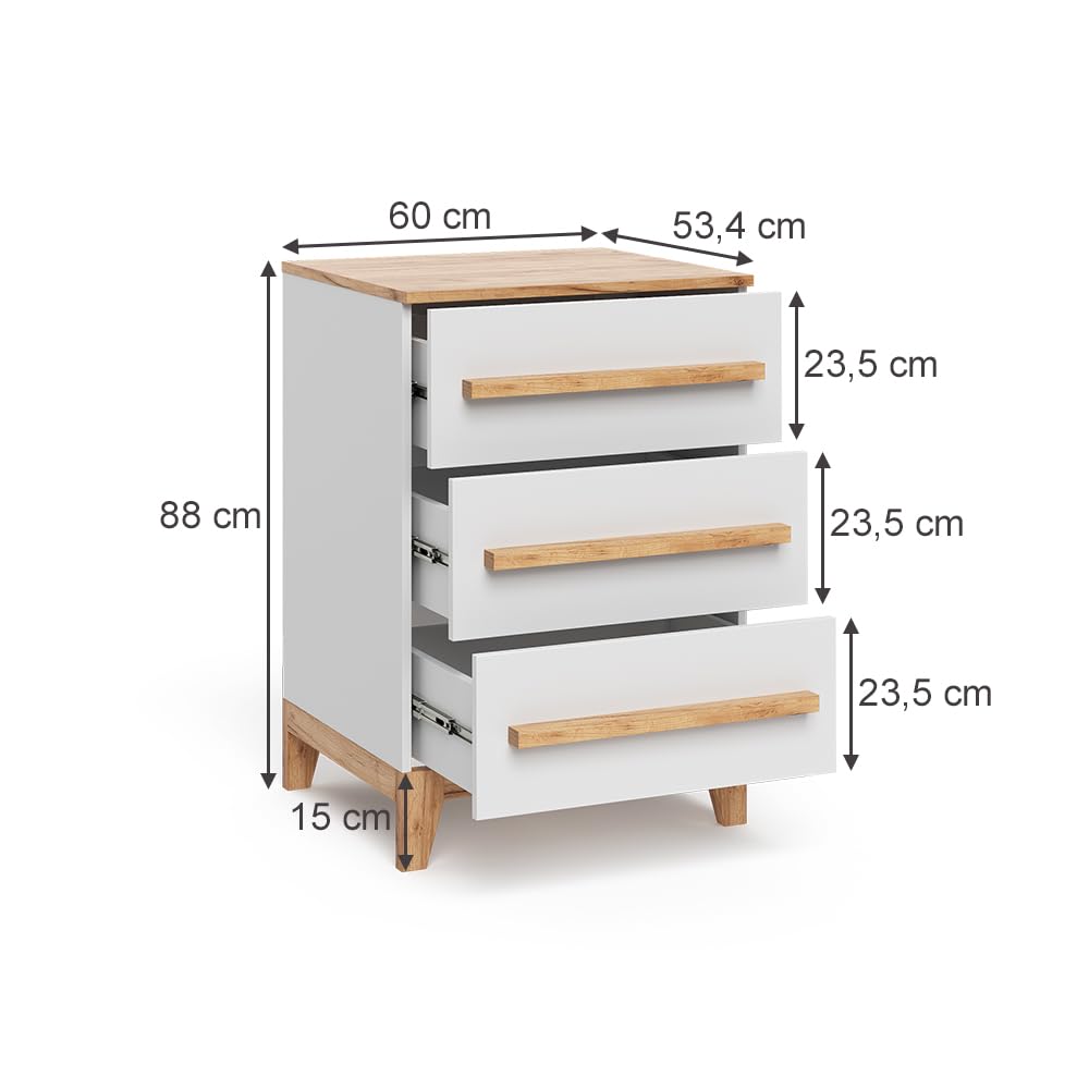 VitaliSpa Commode avec tiroirs Malia, Blanc/Artisan, 60x88cm avec 3 tiroirs, Compatible avec d'autres Meubles de la série Malia