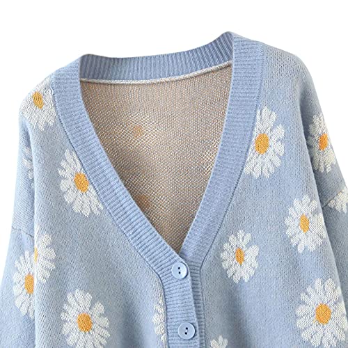 Women Y2K Floral Print Knit Cardigan Sweater Long Sleeve V Neck Button Down Sweater Vintage Aesthetic 90s Outerwear Tops3