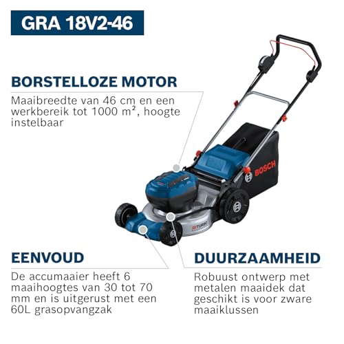 Bosch Professional 18V System accumaaier GRA 18V2-46 (maaibreedte: 46 cm, instelling maaihoogte in 6 standen, stoffen grasopvangzak 60 liter, incl. 2 x isolatorsleutel, mulchplug) - Afbeelding 5