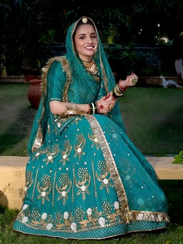 Image of Heavy Embroidery Work Semi Stitched Shimmer Silk Designer Rajputi Poshak For Women Rajasthani Lehenga Choli