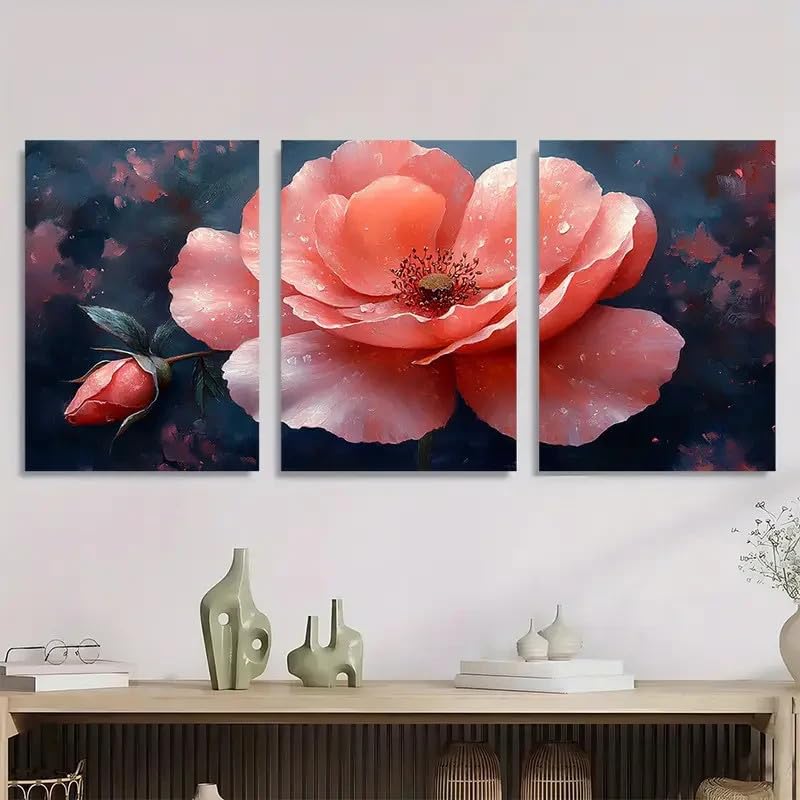 Impression sur toile de qualité supérieure rose aquarelle | Déco murale 3 pièces - 3