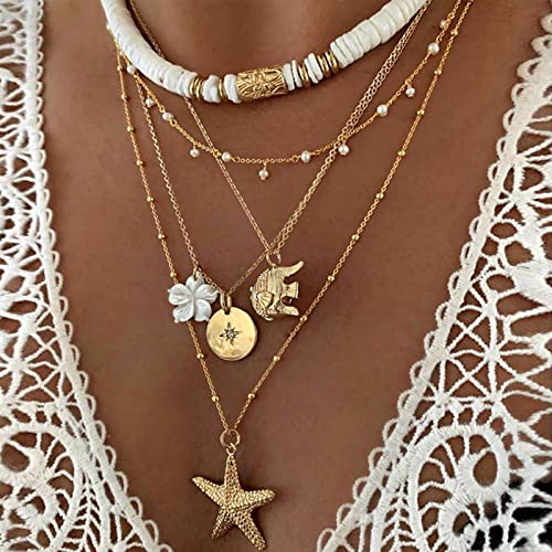 HUASAI Shell Necklace Beach Jewelry for Women Starfish Seahell Necklace Layered Boho Necklaces Ocean Jewelry Halloween Costumes Accessories Vacation Essentials Outfits for Women2
