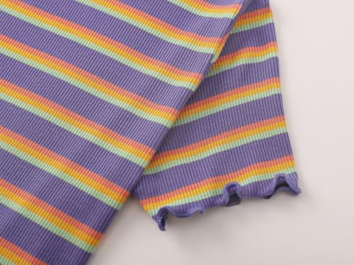 Image of Girls Striped T-Shirt Lettuce Trim Short Sleeve Top Size 6-16 | Soft stretch ribbed knit fabric, breathable blouse,summer outfit for big girls & teen, for school, party and daily activity