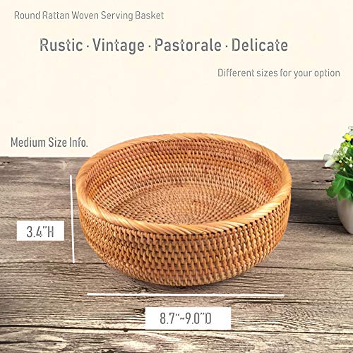 Amololo Hadewoven Round Rattan Fruit Basket Wicker Food Tray Weaving Storage Holder Dinning Room Bowl, 9 Inch Woven Bread Basket Key Bowls With 3.5”Wall For Table, Countertop (Medium 8.66") #TOP2