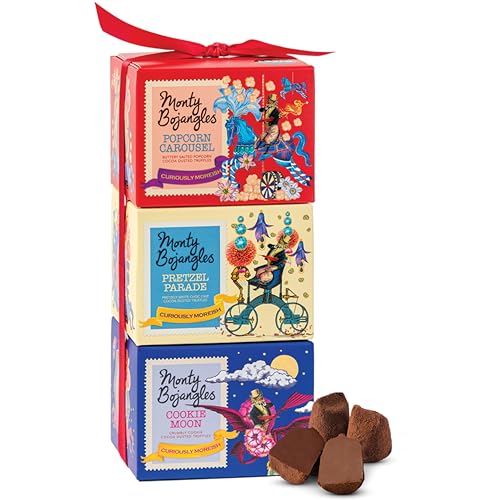 Monty Bojangles Cocoa Dusted Truffles Gift Tower (Movie Night - 3 x 100g Pack) 3 Luxury Chocolate Truffle Boxes - Popcorn Carousel Pretzel Parade & Cookie Moon - The Perfect Chocolate Box Selection