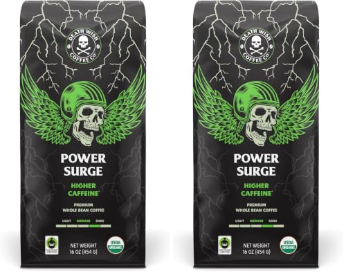 Image of Death Wish Coffee, Power Surge Whole Bean Coffee, Naturally Higher Caffeinated Coffee, Certified Fair Trade and Organic (16 oz) (Pack of 2)