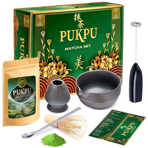 PUKPU Kit Te Matcha - Incluye Batidor de Bambú y Soporte, Espumador, Cuchara, Te Matcha en Polvo y Cuenco - Set Macha Completo con Caja Decorativa y Guía Incluída