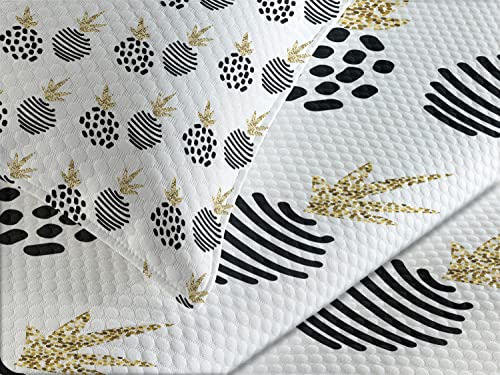 Lunarable Pineapple Bedspread, Abstract Tropical Hawaiian Fruit Pattern Doodle Style Stripe And Dots, Decorative Quilted 3 Piece Coverlet Set With 2 Pillow Shams, Queen Size, Yellow White #TOP2