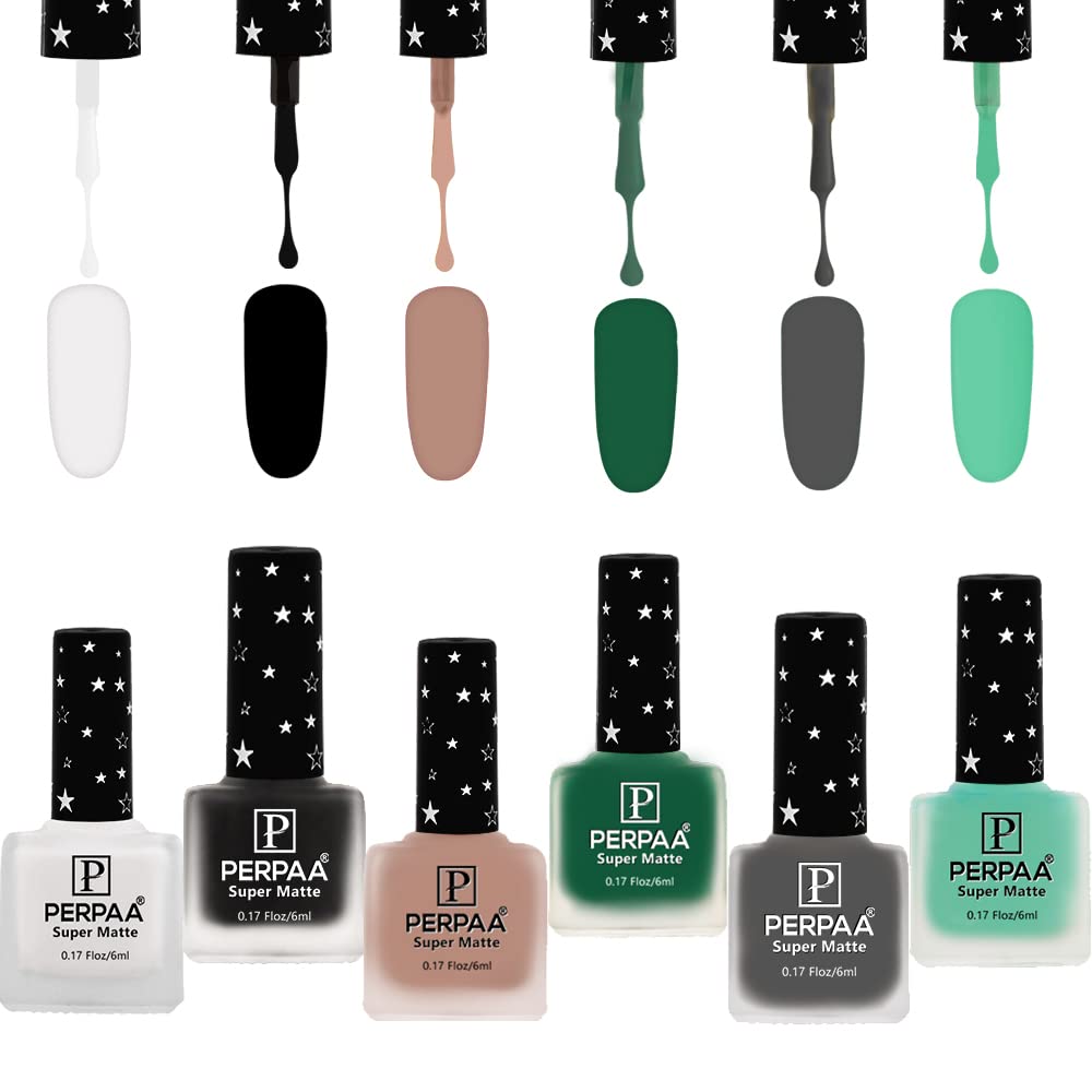 PERPAA® Super Matte Luxury Nail Polish Set of 6 Vibrant Shades 6 ML Each (White,Dark Green,Black,Yellow,Beige,Grey,Sea Green)