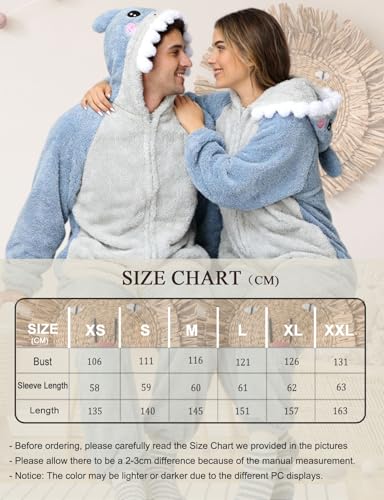 chuangminghangqi Tierkostüm Onesie Gemütlicher Winteranzug Erwachsene Einteiler Schlafanzug Kuscheloverall Damen Flauschig Mit Kapuze Ganzkörper Pyjama Hai Kostüm (Hai,XL)