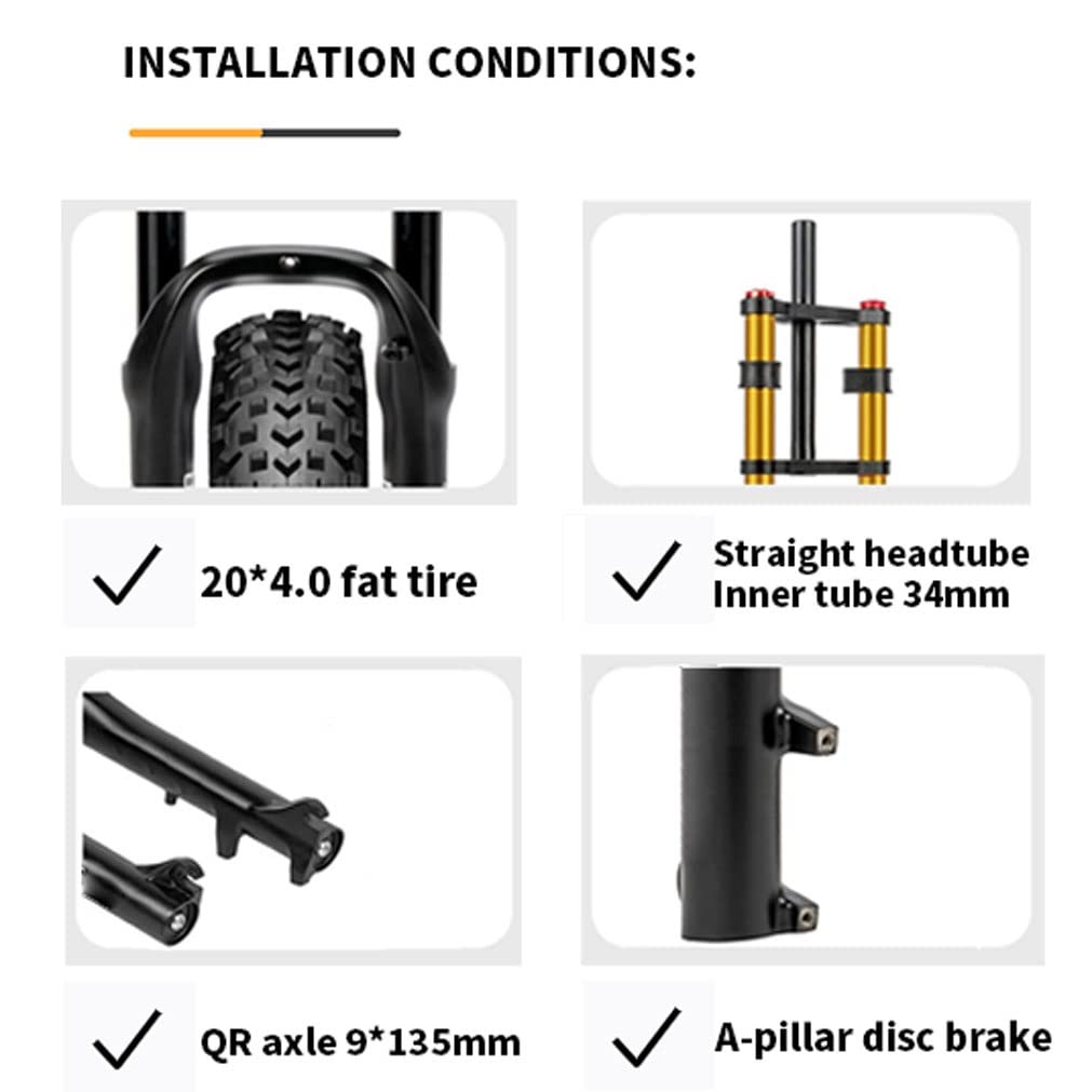 ZFF 20 Pouces Fourche Fat Bike Snow Plage Bike Gros Pneu 20 * 4.0 Air Fourche À Suspension Double Épaule 1-1/8 Frein À Disque Voyage 110mm Réglage De L'amortissement pour XC VTT
