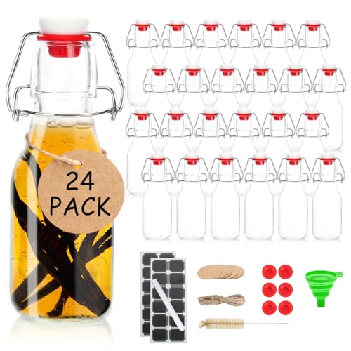 Ruckae 24 Pack 4oz Swing Top Glass Bottles with Lids Kombucha Coquito Flip Top Glass Bottle for Syrup Vanilla Extract Brew Beer Kefir Air Tight Bottles for Gift (4 oz 24 pack)