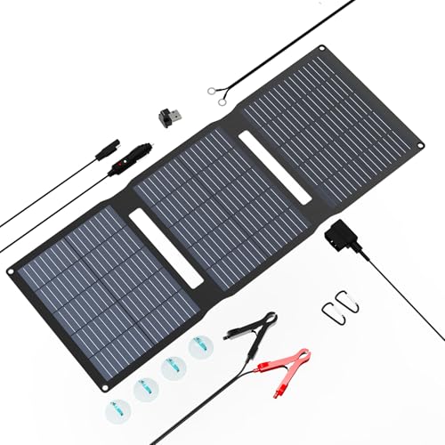 FlexSolar 28W Foldable Solar Panel Trickle Charger Maintainer Kits - 12V DC & QC3.0 USB Output with Built-in Controller, Includes Cigarette Lighter, Alligator Clips, O-Rings，OBDII Connector