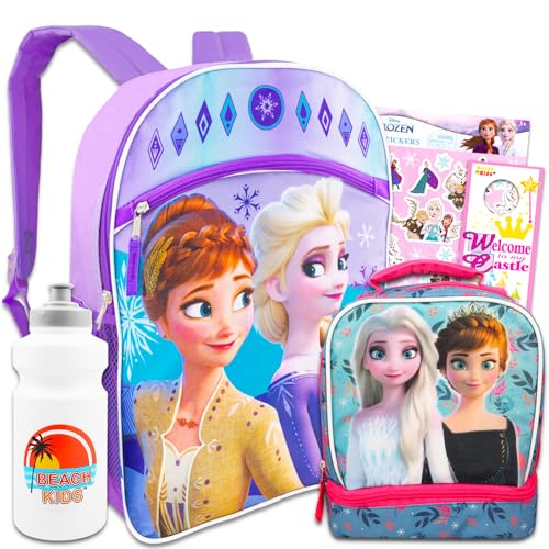 Frozen Conjunto de mochila e lancheira para crianças - Pacote com mochila Frozen Lancheira, adesivos, garrafa de água, mais | Mochila Frozen Disney para meninas de 4 a 6 anos, Multicor, Frozen