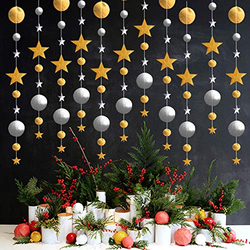 Image of Gold Silver Party Star Circle Dot Decoration Gold Silver Hanging Garland Streamer Decorations Glitter Star Bunting Banner Twinkle Backdrop for Engagement Wedding Baby Shower Birthday Christmas