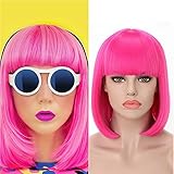 Rosastar Short Bob Hot Pink Wig with Bangs Women's Straight Synthetic Hair Wigs for Halloween Comic-con Costume Anime Cosplay Party