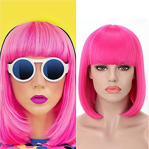 Rosastar Short Bob Hot Pink Wig with Bangs Women's Straight Synthetic Hair Wigs for Halloween Comic-con Costume Anime Cosplay Party