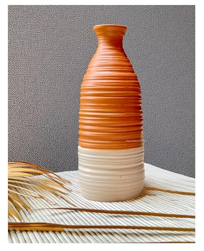 Image of SPHINX Handmade Ceramic Flower Vase - Vintage Dual-Tone Farmhouse Vase - Rustic Ribbed Texture Boho Decor Pampas Grass Vase, Artisanal Home Decor (Carafe-Shaped-8.5 Inch)