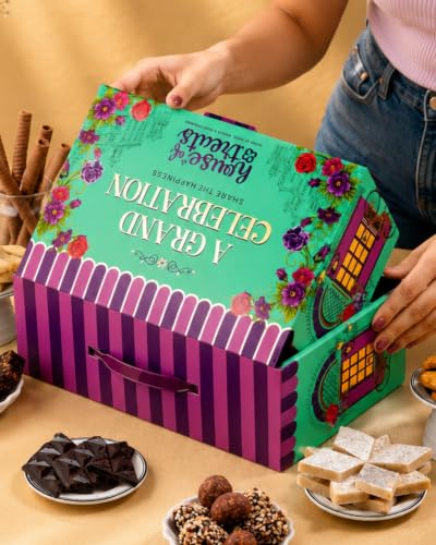 Image of HyperFoods Rakhi Gift Hamper for Bhaiya Bhabhi A Grand Celebration Box Rakhi with Kaju Katli, Chocolate, Wafer Rolls, Nuts & Date Bar,Cookies, cheese cracker snacks Dragees Sweets Gift Pack Chocolate Gift Pack Bhaiya Bhabhi Rakhi Gift Pack