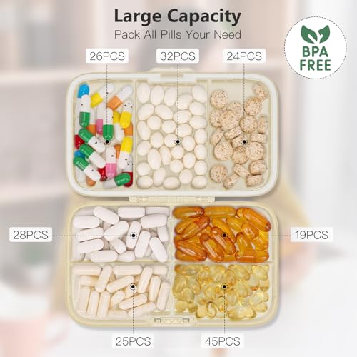 Image of FYY Weekly Pill Organizer with Labels,8 Compartments Travel Daily Pill Case Airtight Moistureproof Large Pill Box to Hold Vitamins, Fish Oil, Supplements,Cotton Swab and Bandages-Beige