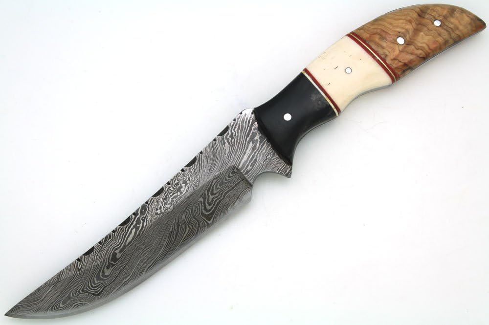 Wild Turkey Handmade Damascus Steel Collection Full Tang Bone-Horn-Wood Handle Fixed Blade Knife w/Leather Sheath Outdoors Hunting Camping Fishing
