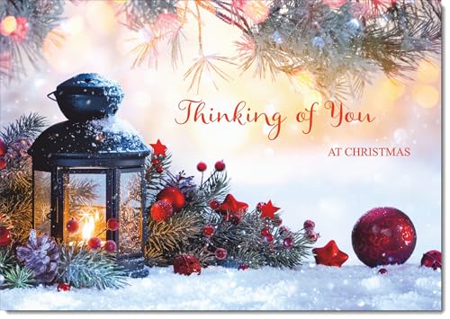 doodlecards Thinking Of You Christmas Card Festive Lamp Medium Size with Plain Red Envelope,21 x 15cm