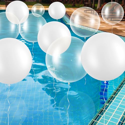 Image of Gejoy 24 Pcs Pool Giant Balloons 36 /24 /18 Inch Jumbo Large Big Latex Balloons Bulk with Ribbon for Pool Decorations Garland Arch Wedding Birthday Supply, Needs to Be Filled with Helium(White)