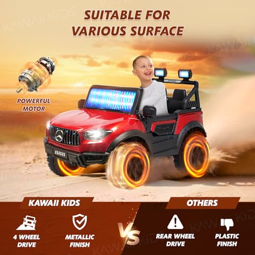 Image of Kawaii Kids 12V 4x4 Battery Operated Ride-On SUV for Kids with Parent Remote Control, Bluetooth, LED Lights, Corrosion-Resistant Paint, Big Size Electric Car for Boys & Girls Age 2-8 Years