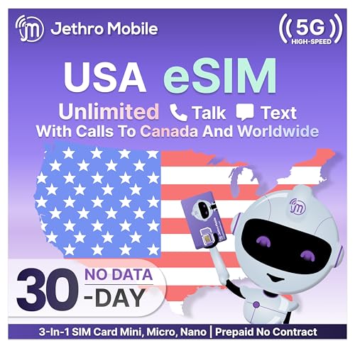 Jethro Mobile eSIM – 1 Month Prepaid Plan for iPhone & Android | Unlimited Talk & Text + International Calling | Fast Activation & Nationwide Coverage | No SIM Card Needed