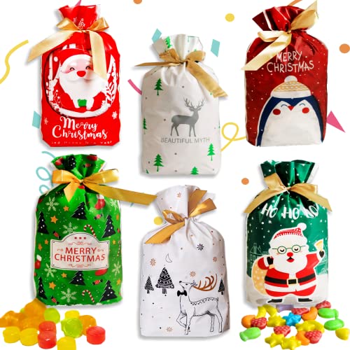 60 Pcs Sac Cadeau Noel, Avec Cordon de Serrage Pochette Cadeau Noel,22 x 14.5cm Sachet Bonbon Noel,Sachet Biscuit Noel,Sachet Plastique Bonbon Noel,Ensemble de sac cadeau de Noël Cover