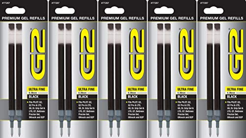 PILOT G2 Gel Ink Refills For Rolling Ball Pens, Ultra Fine Point, Black Ink, 2-Pack (77287) - 5 Pack