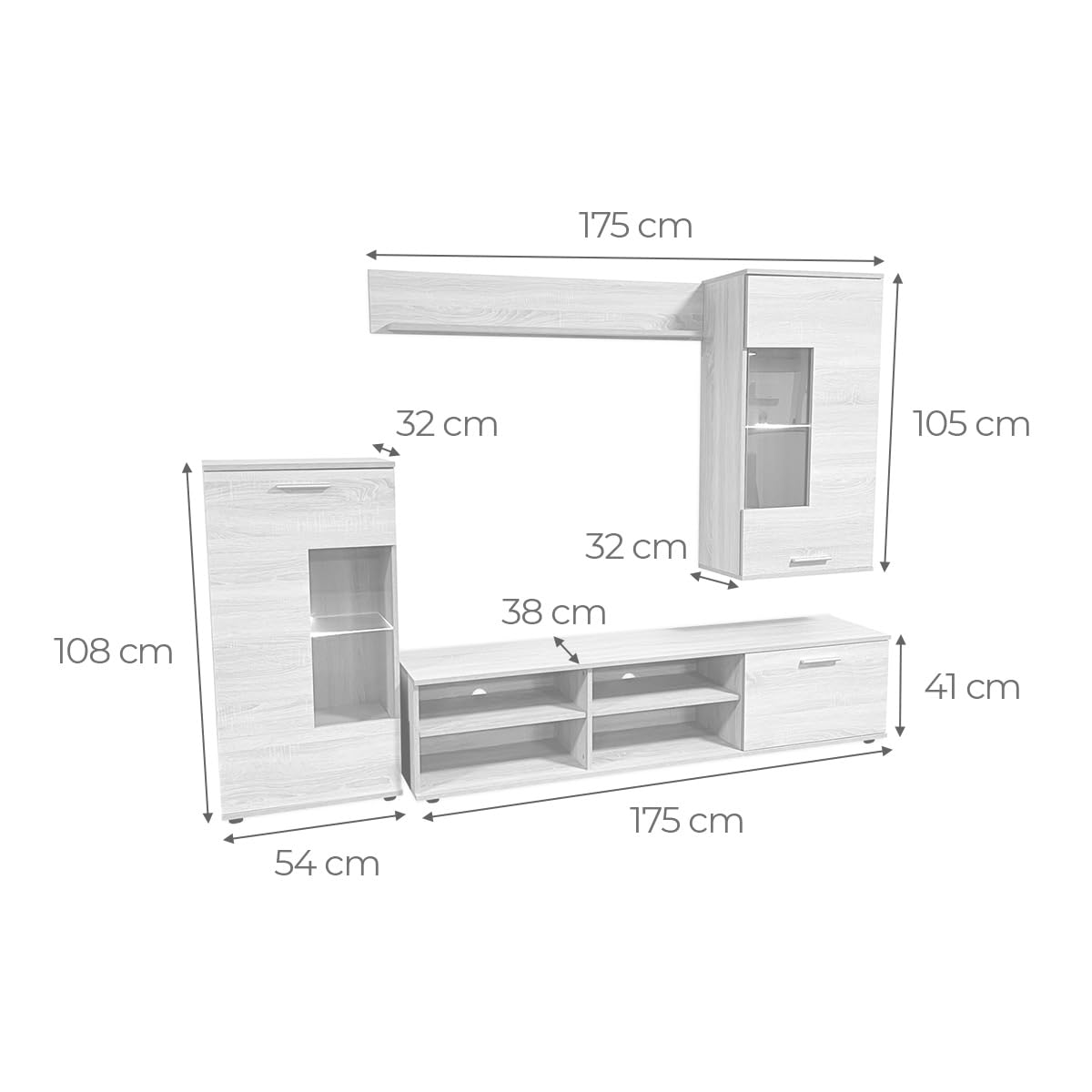 amuéblate Online - Mueble de Salón Moderno con Leds, Módulos de Comedor, Modelo Gaia, Acabado en Andersen, Medidas: 229 cm (Ancho) x 200 cm (Alto) 38 cm (Fondo)