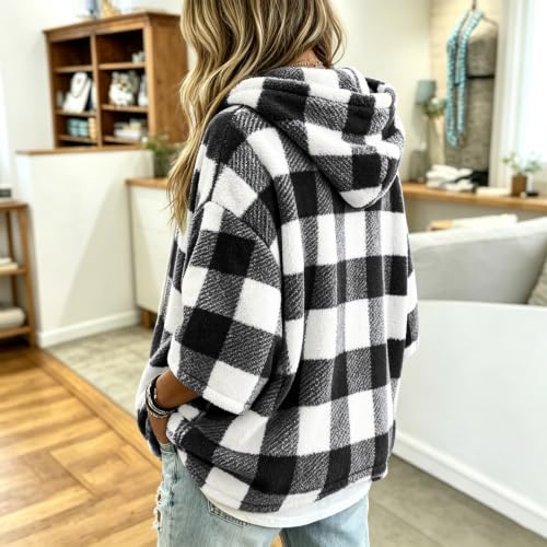 FPMLUXLL Women’s Plaid Sherpa Jacket Winter 3/4 Sleeve Hooded Pullover - image 4