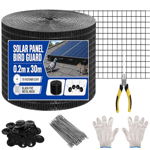 Solar Panel Bird Mesh Kit 8in*100ft Bird Deterrent PVC Wire Gekufa Bird Guard for Solar Panel Proofing to Prevent Pigeons Nesting Under Roof with 70pcs Stainless Steel Fasteners 6in Plier and Gloves