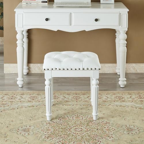 Vanity-Bench-Stool-with-Leather-Cushion-Vanity-Chair-with-Solid-Wood-Carving-Legs-for-Bedroom-Makeup-Room-Living-Room-Easy-Assembly-White Vanity Bench Stool with Leather Cushion Vanity Chair with Solid Wood Carving Legs for Bedroom Makeup Room Living Room Easy Assembly White