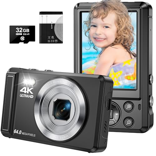 Digitalkamera, 4K 64MP Kompaktkamera Fotokamera mit 32GB Karte 16X Digitalzoom 2,4' großem Bildschirm Fotoapparat Digitalkamera für Kinder Einsteiger Teenager (Schwarz)