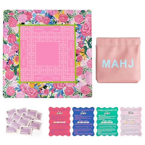 American Mahjong Mat with Rules 31.5in Pink Floral Neoprene Non-Slip Pad