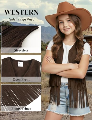 Image of Noomelfish Girls Faux Suede Fringe Vest Sleeveless Boho Tassels Jacket Cardigan (5-12 Years)