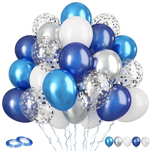 Image of Navy Blue & Silver Balloons - 60pc Metallic & Latex Mix, 12 inch White Balloons with Silver Confetti for Birthday, Baby Shower, Graduation & Wedding Parties