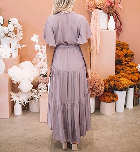 R.Vivimos Summer Dress for Women Cotton Ruffle Short Sleeves V Neck Casual Flowy Midi Dress with Belt2