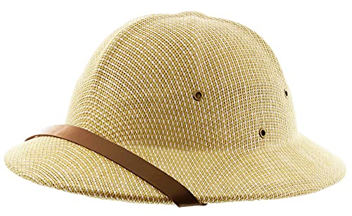Milani Straw Pith Helmet Outdoor Hat with Adjustable Headband for Jungle Safari Explorer Costume (Tan/White)